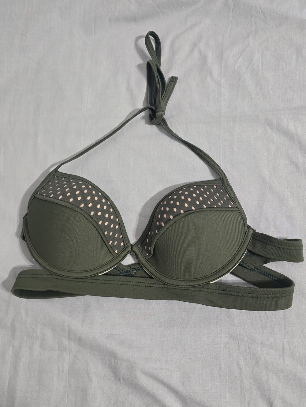 Olive Green Halter Bikini Top with Pink Dot Accent